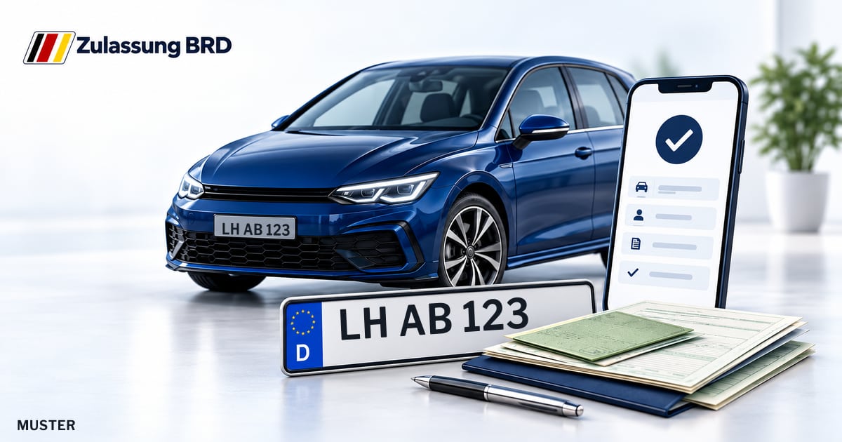 Online Fahrzeugzulassung in Kamen: Musterkennzeichen LH AB 123, Auto und Fahrzeugpapiere und Smartphone. Illustration mit Logo von Zulassung BRD.